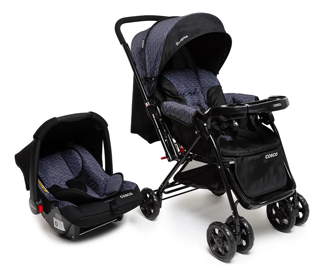 Carrinho de Bebê com Bebê Conforto Cosco Kids Reverse Preto Rajado 0 a 15kg
